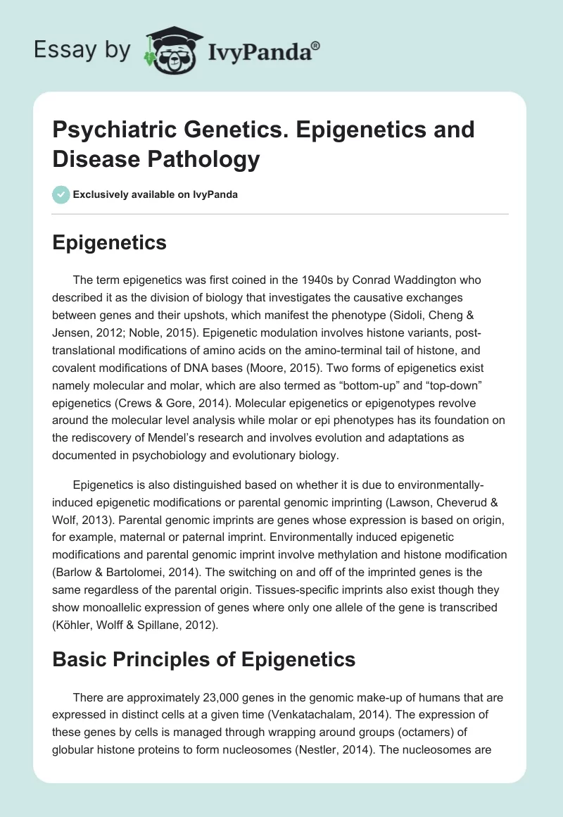 Psychiatric Genetics. Epigenetics and Disease Pathology. Page 1
