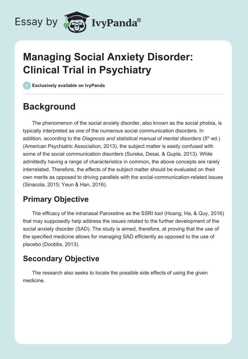 Managing Social Anxiety Disorder: Clinical Trial in Psychiatry. Page 1