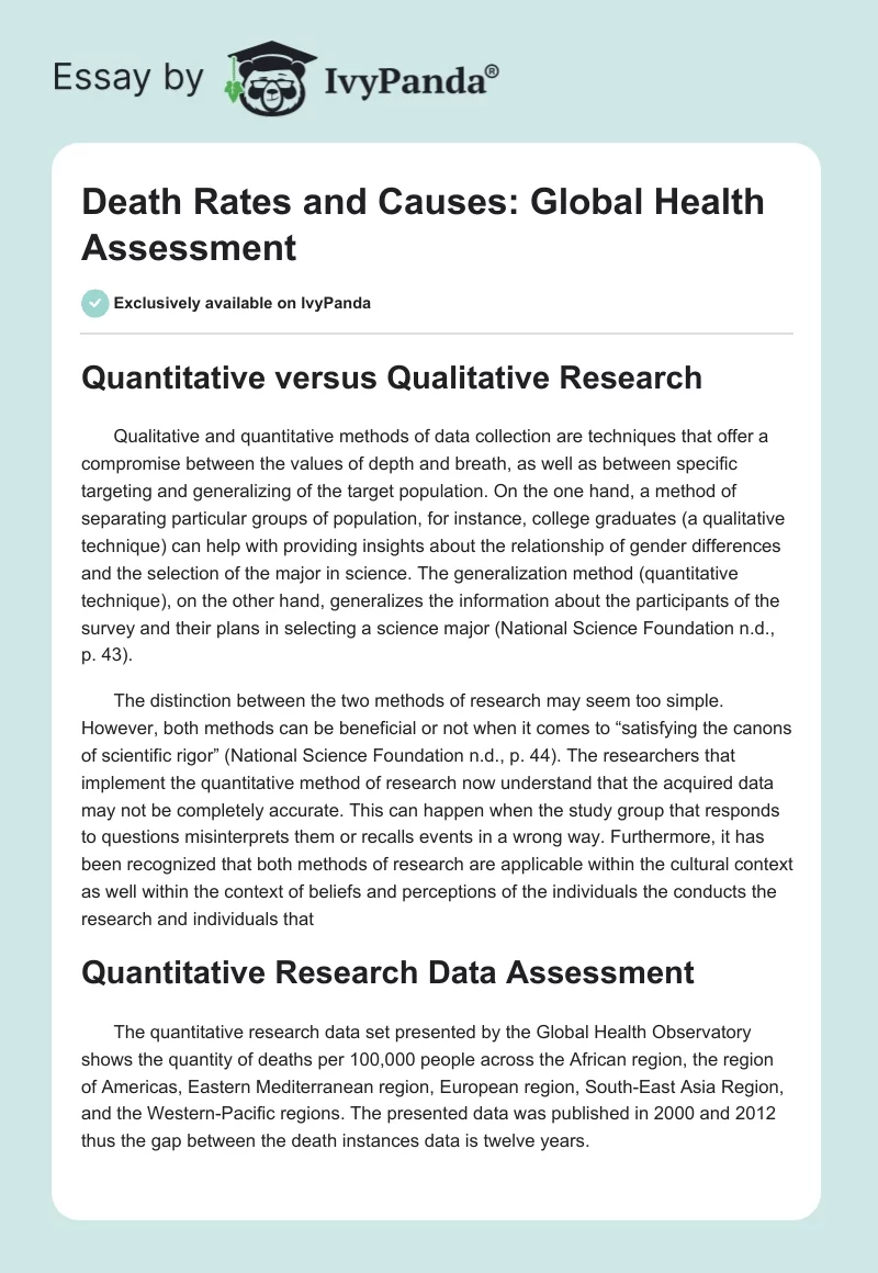 Death Rates and Causes: Global Health Assessment. Page 1