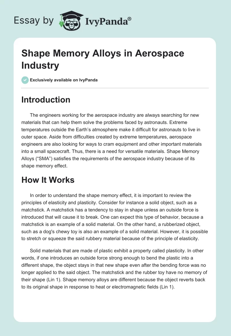 Shape Memory Alloys in Aerospace Industry. Page 1