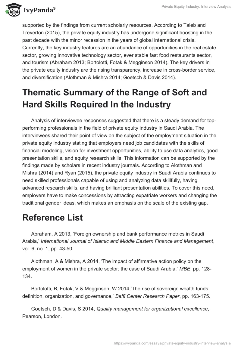 Private Equity Industry: Interview Analysis. Page 2