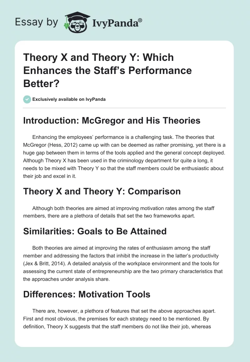 Theory X and Theory Y: Which Enhances the Staff’s Performance Better?. Page 1