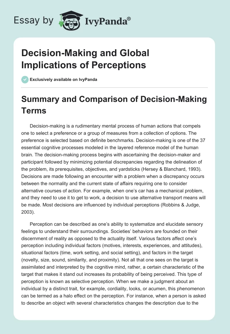 Decision-Making and Global Implications of Perceptions. Page 1
