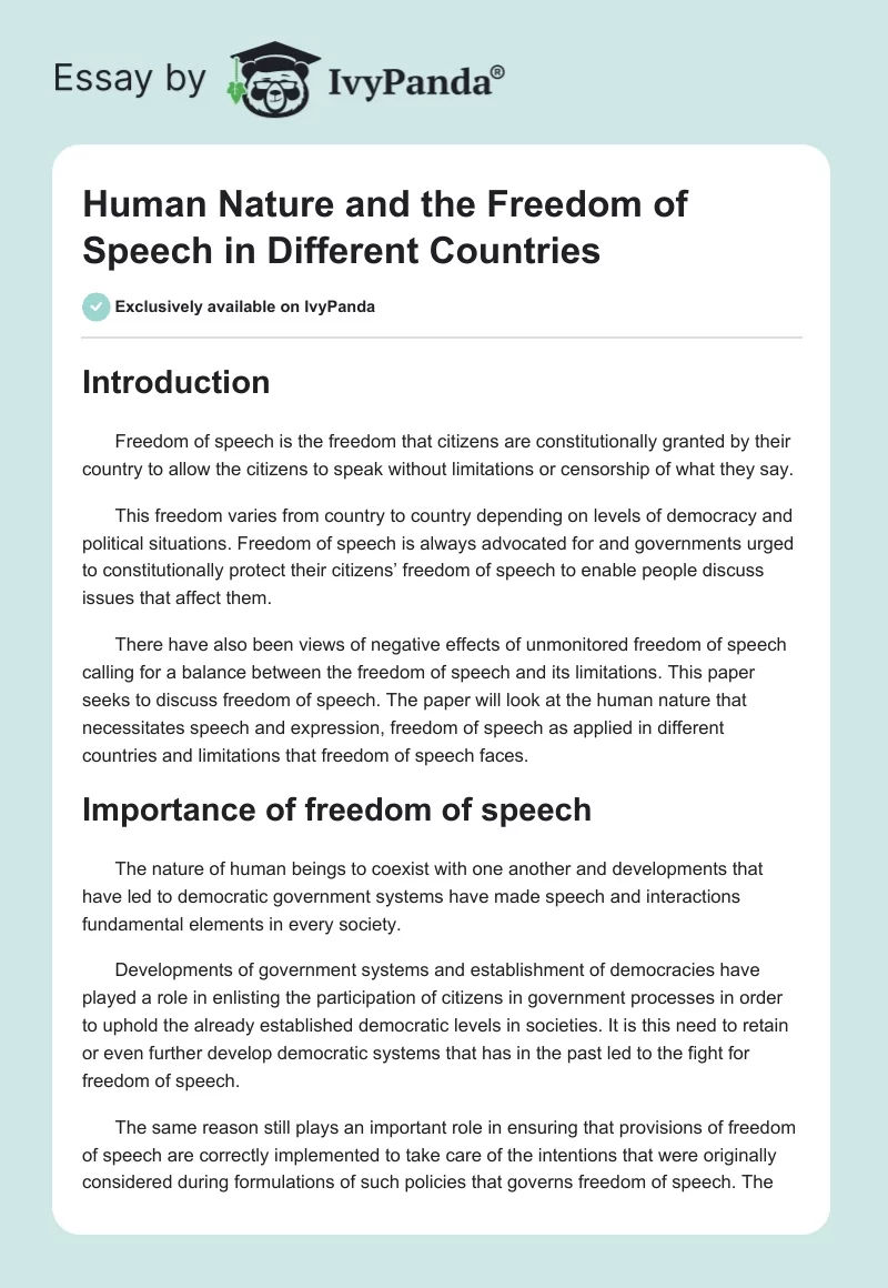 Human Nature and the Freedom of Speech in Different Countries. Page 1