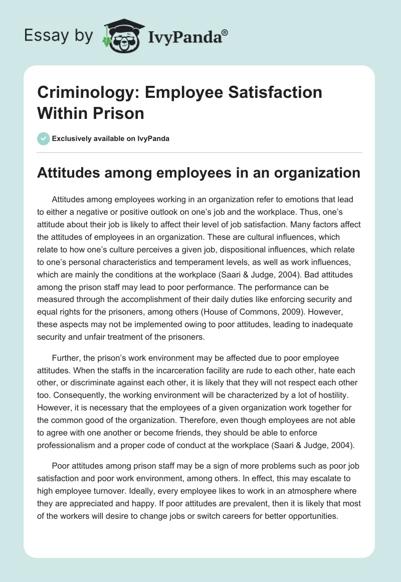 Criminology: Employee Satisfaction Within Prison. Page 1