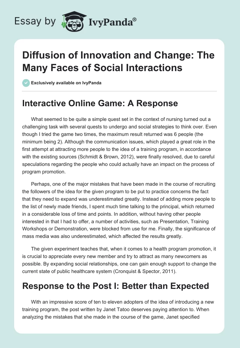 Diffusion of Innovation and Change: The Many Faces of Social Interactions. Page 1