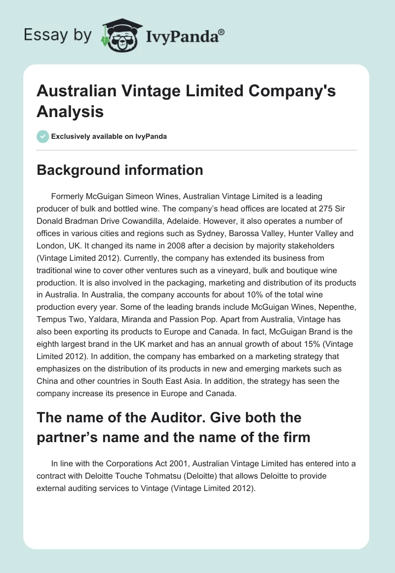 Australian Vintage Limited Company's Analysis. Page 1