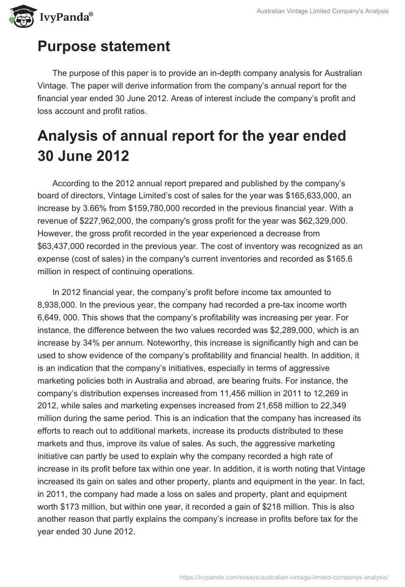 Australian Vintage Limited Company's Analysis. Page 2