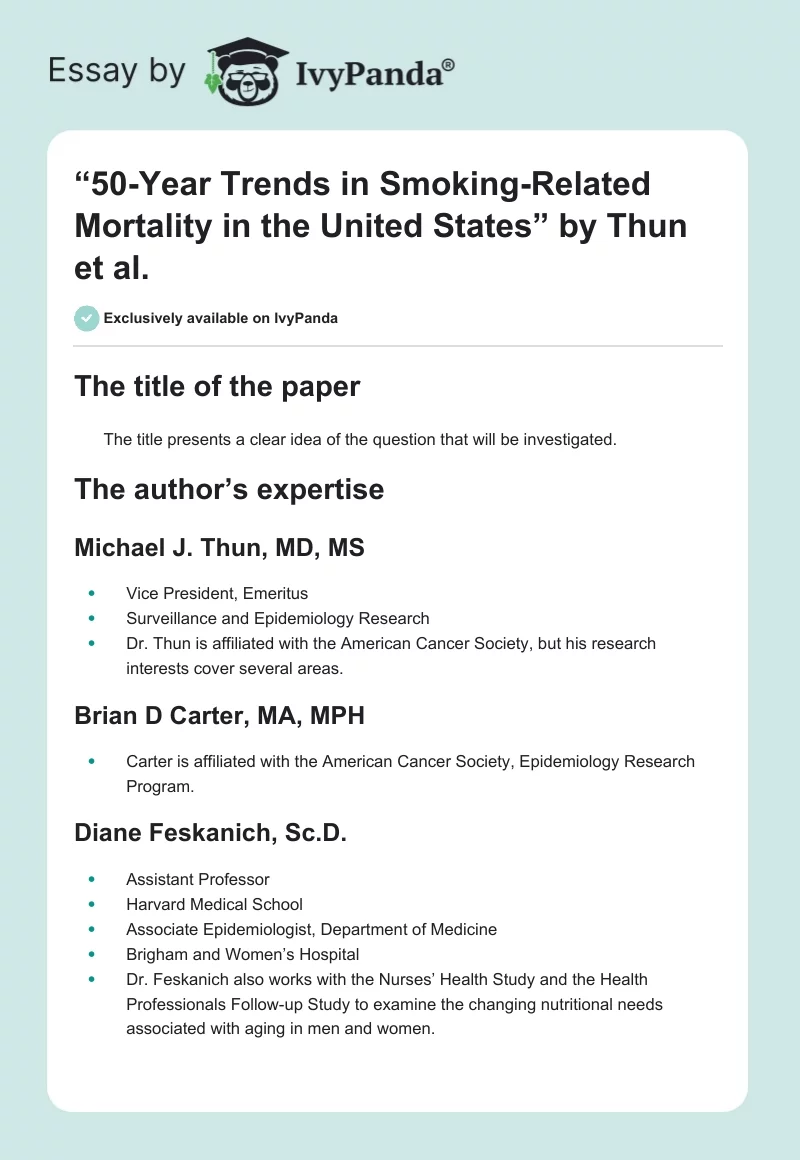 “50-Year Trends in Smoking-Related Mortality in the United States” by Thun et al.. Page 1