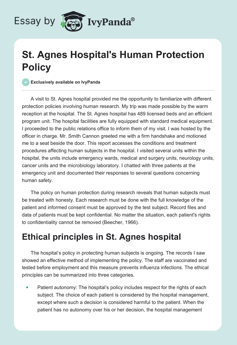 St. Agnes Hospital's Human Protection Policy. Page 1
