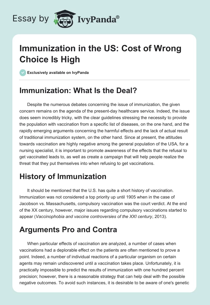 Immunization in the US: Cost of Wrong Choice Is High. Page 1
