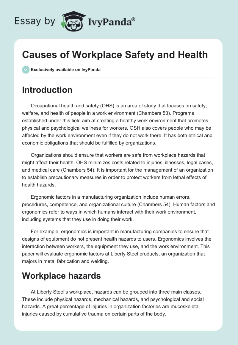Causes of Workplace Safety and Health. Page 1