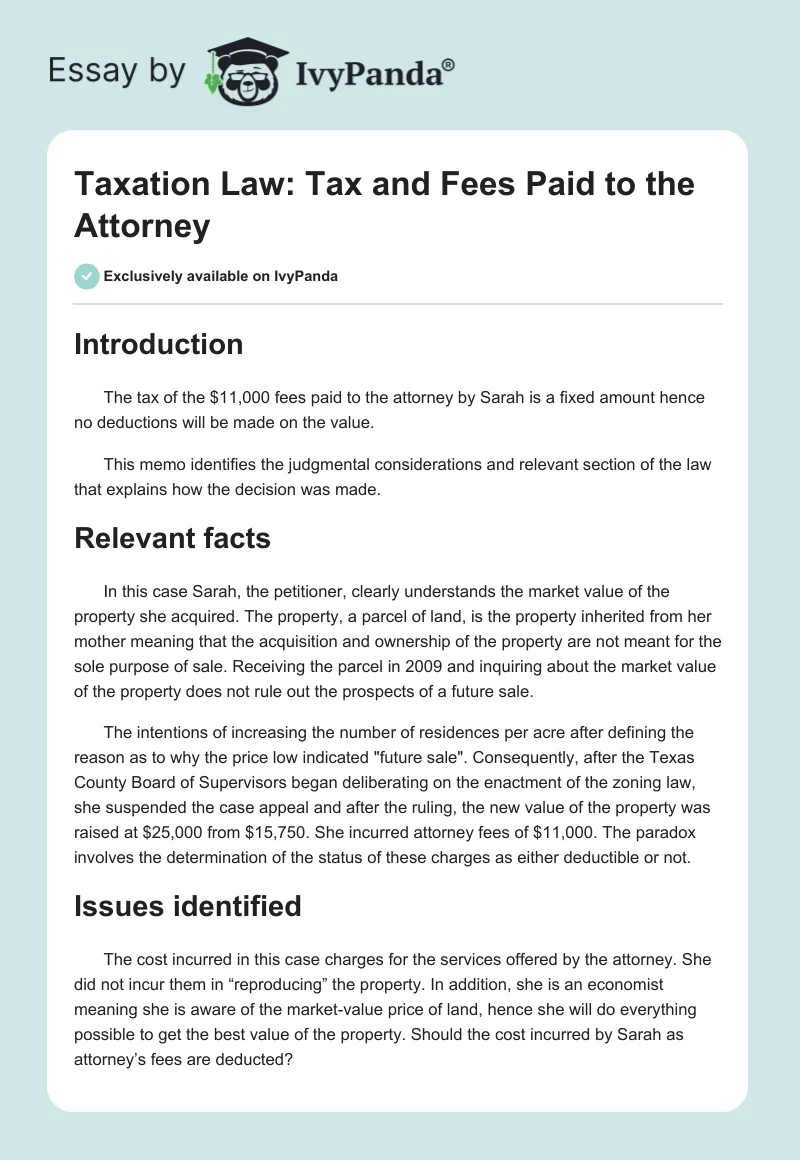 Taxation Law: Tax and Fees Paid to the Attorney. Page 1