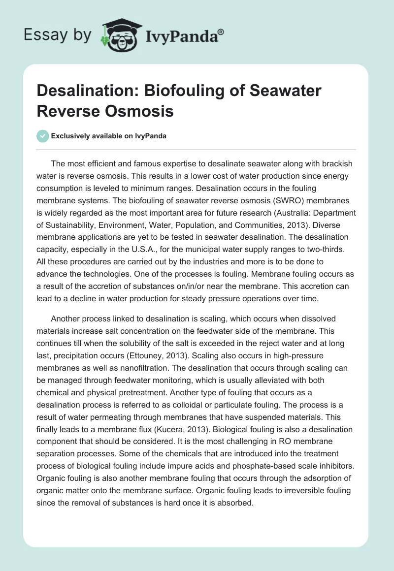 Desalination: Biofouling of Seawater Reverse Osmosis. Page 1