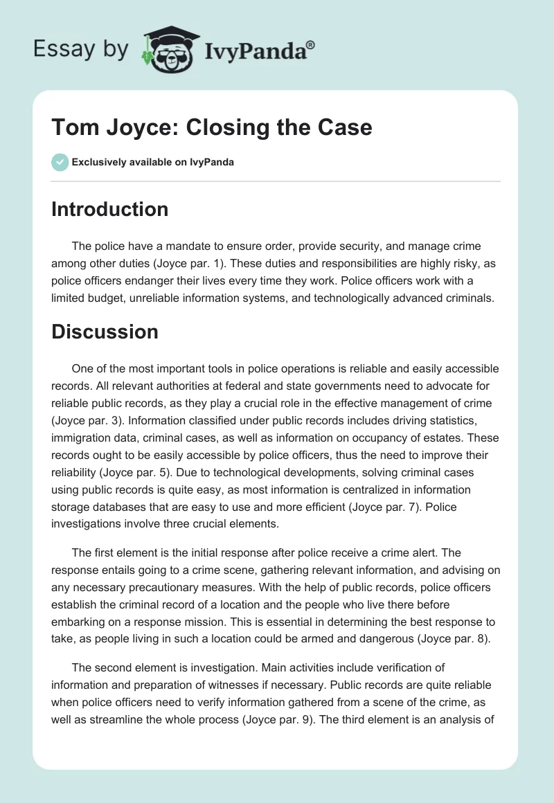 Tom Joyce: Closing the Case. Page 1