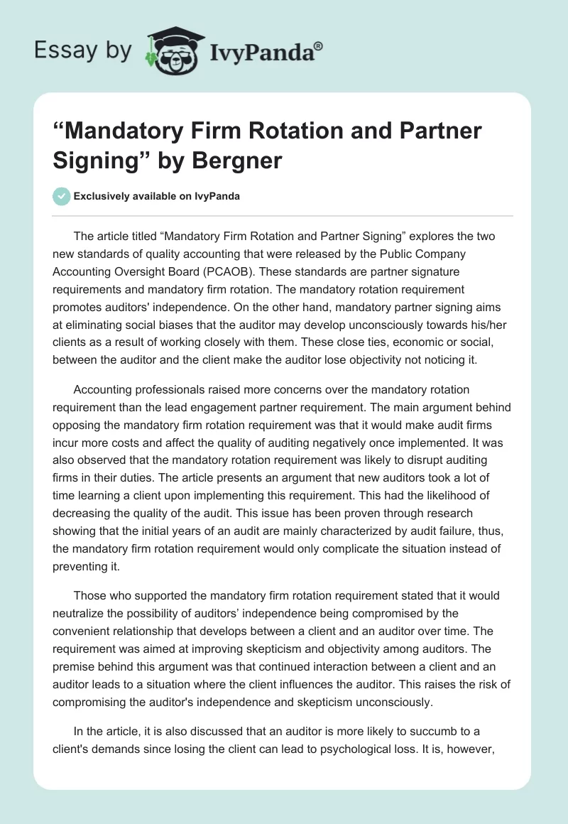 “Mandatory Firm Rotation and Partner Signing” by Bergner. Page 1