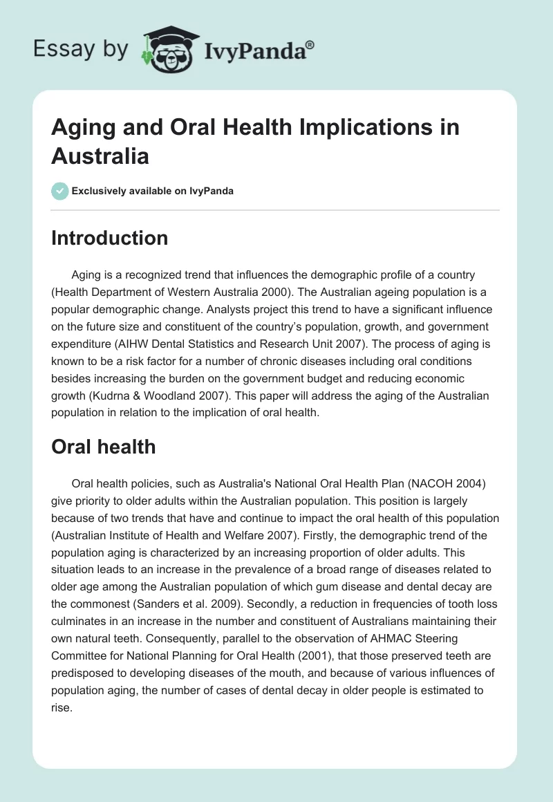 Aging and Oral Health Implications in Australia. Page 1
