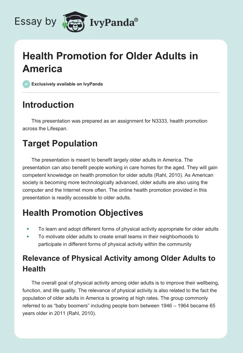 Health Promotion for Older Adults in America. Page 1