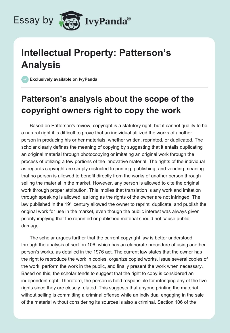 Intellectual Property: Patterson’s Analysis. Page 1