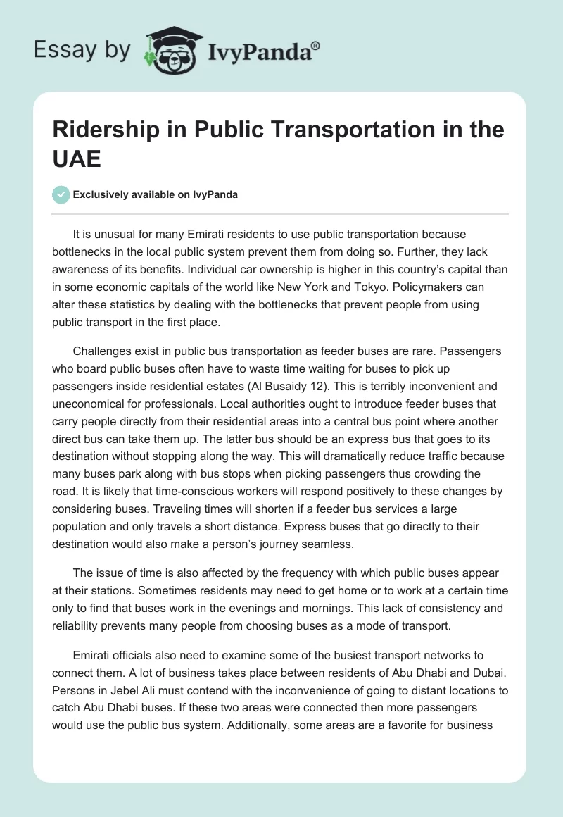 Ridership in Public Transportation in the UAE. Page 1