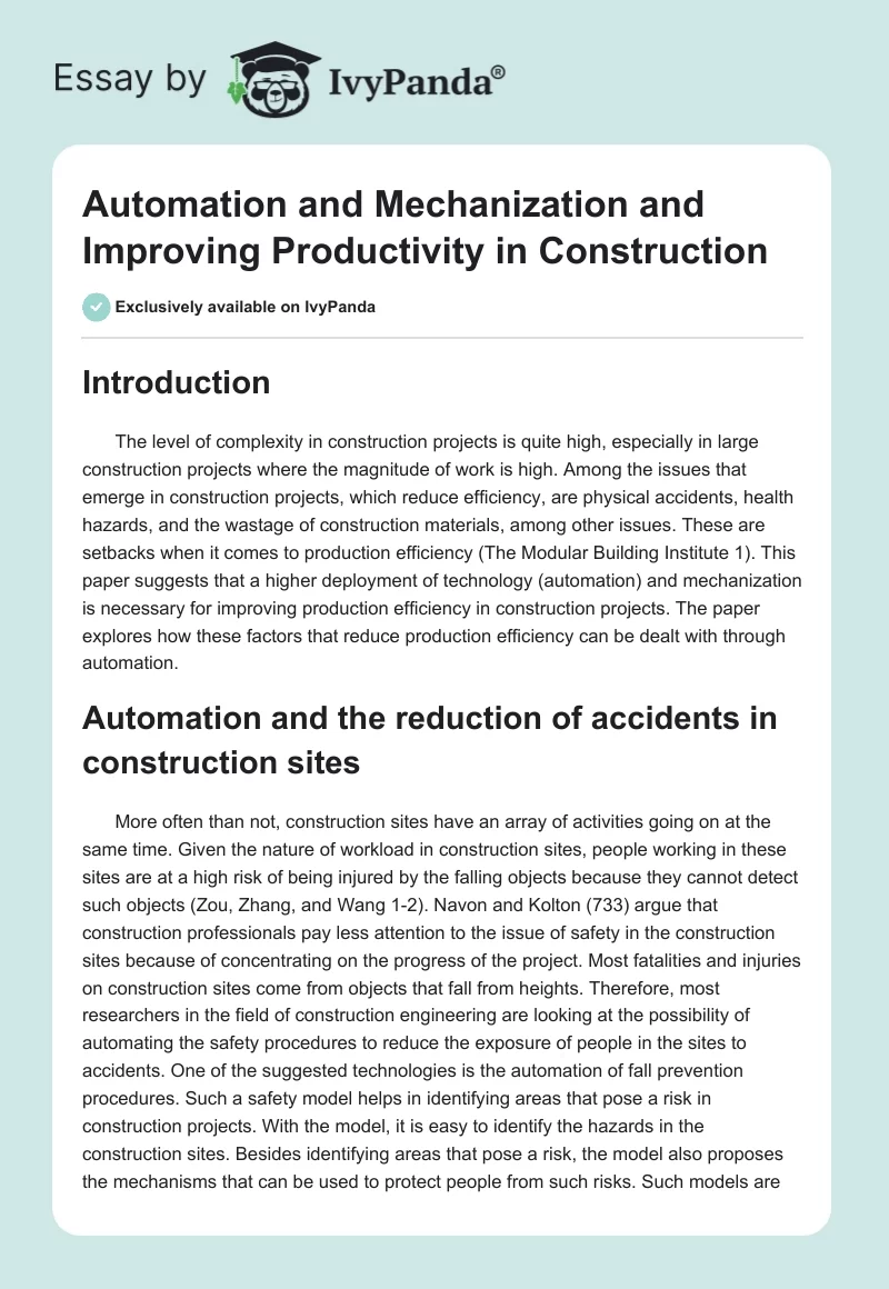 Automation and Mechanization and Improving Productivity in Construction. Page 1