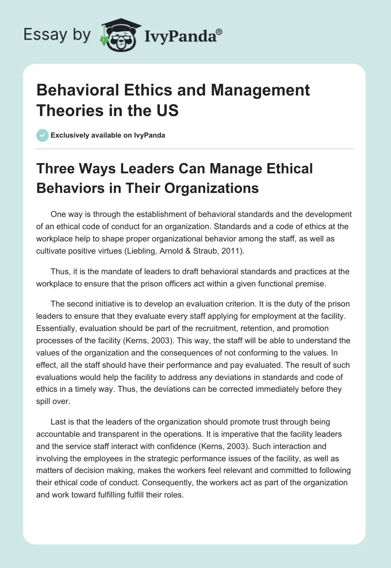 Behavioral Ethics and Management Theories in the US. Page 1