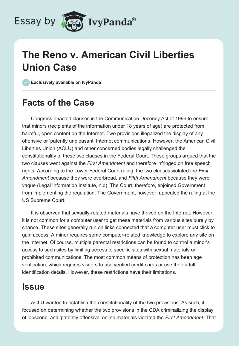 The Reno v. American Civil Liberties Union Case. Page 1