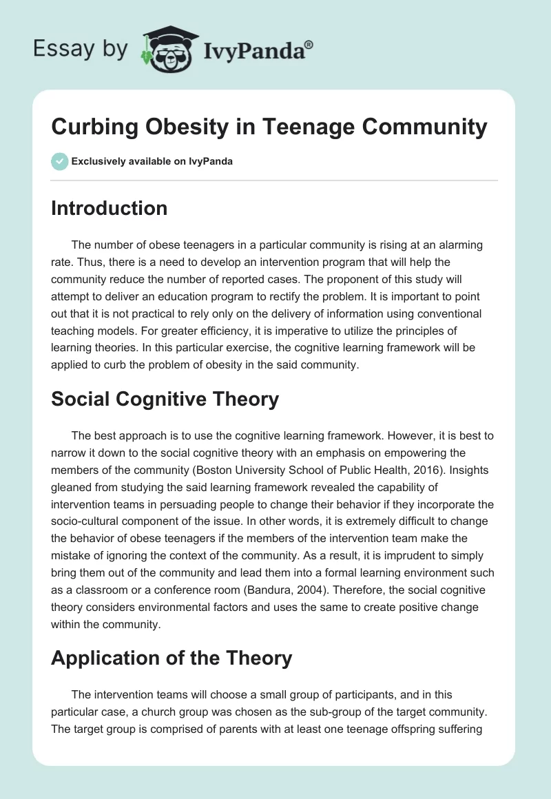 Curbing Obesity in Teenage Community. Page 1