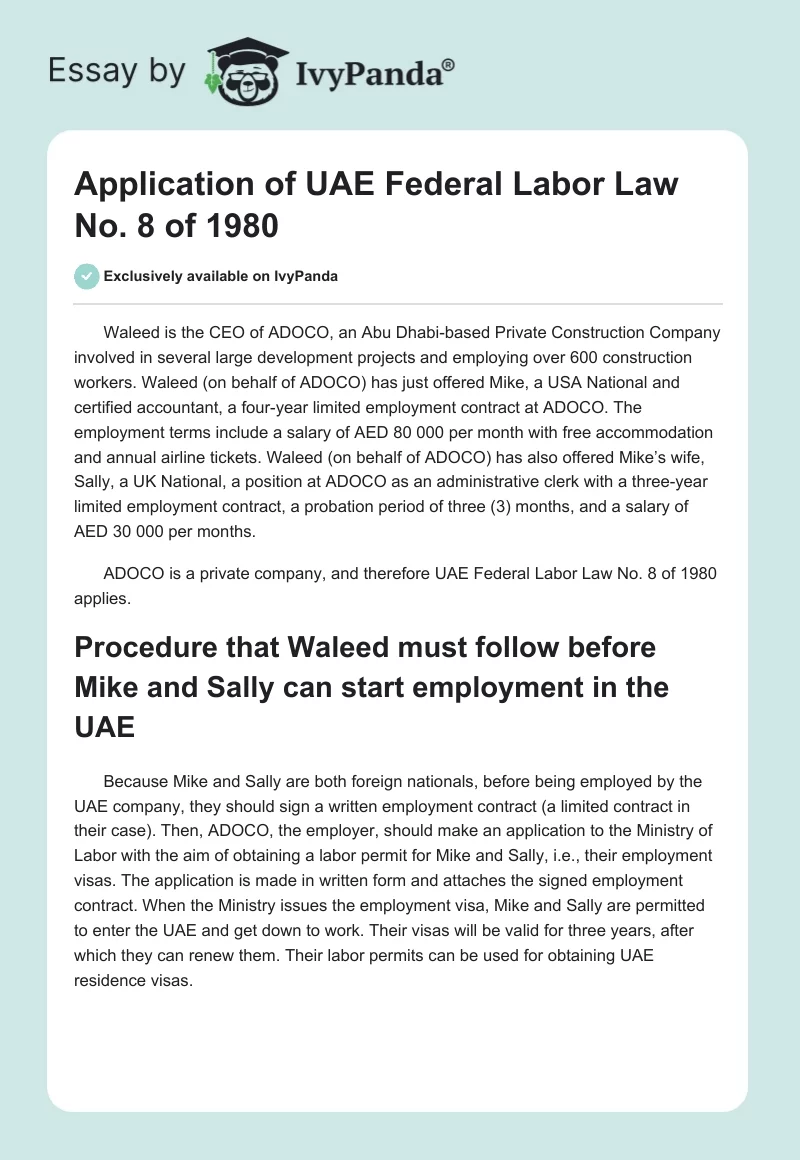 Application of UAE Federal Labor Law No. 8 of 1980. Page 1