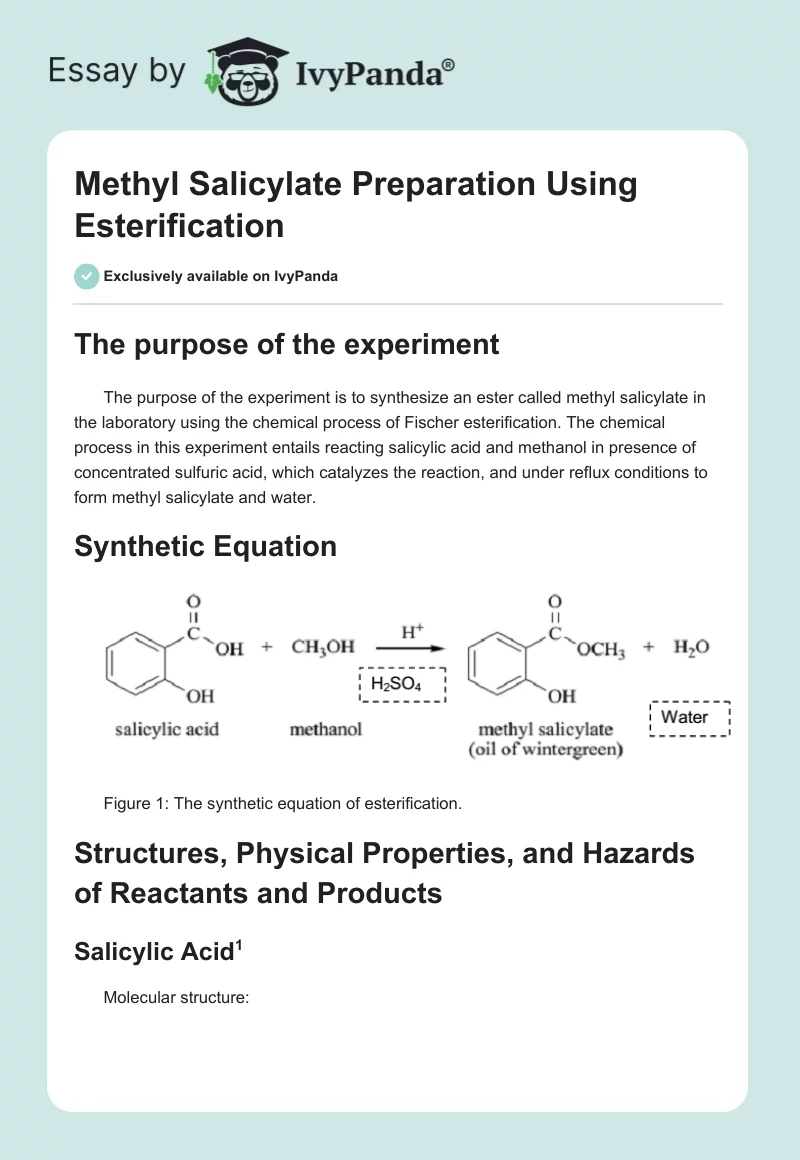 Methyl Salicylate Preparation Using Esterification. Page 1