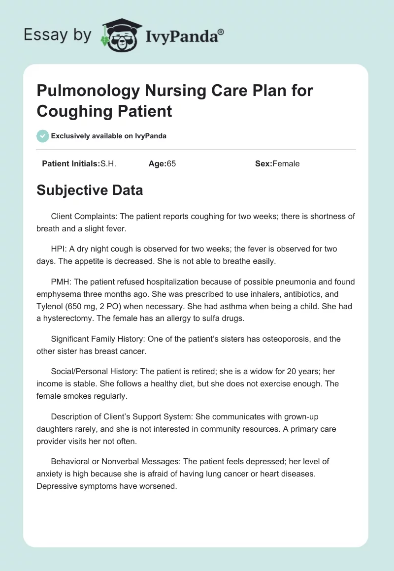 Pulmonology Nursing Care Plan for Coughing Patient. Page 1