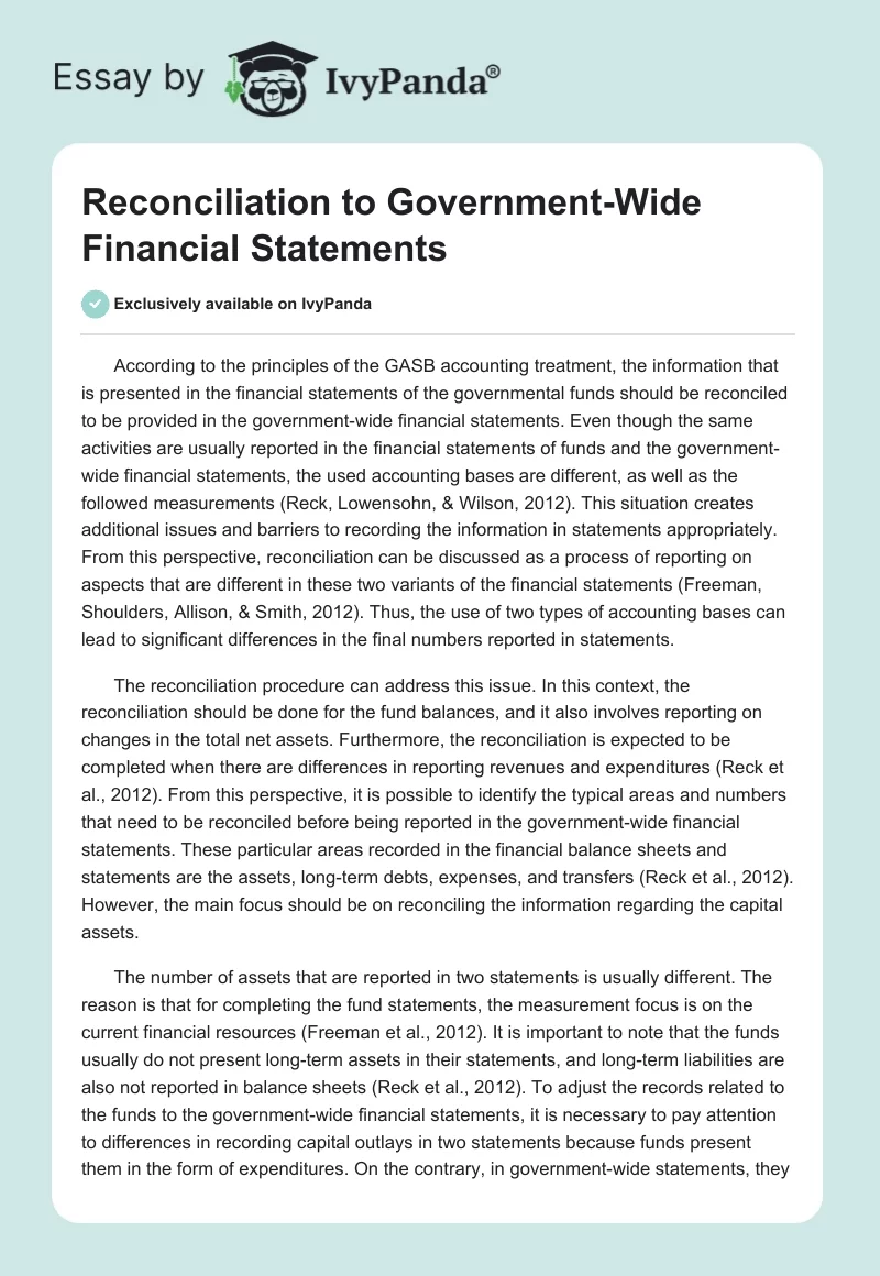 Reconciliation to Government-Wide Financial Statements. Page 1