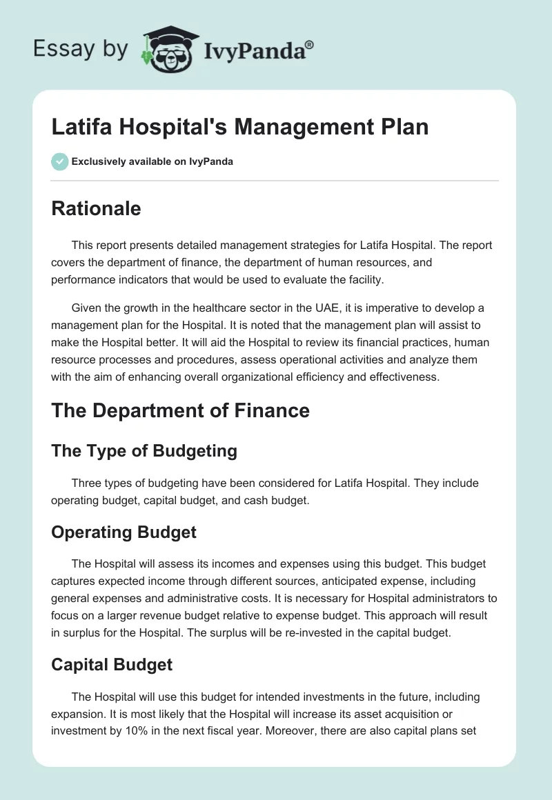 Latifa Hospital's Management Plan. Page 1