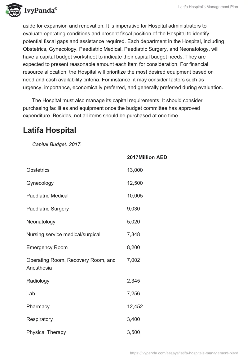 Latifa Hospital's Management Plan. Page 2