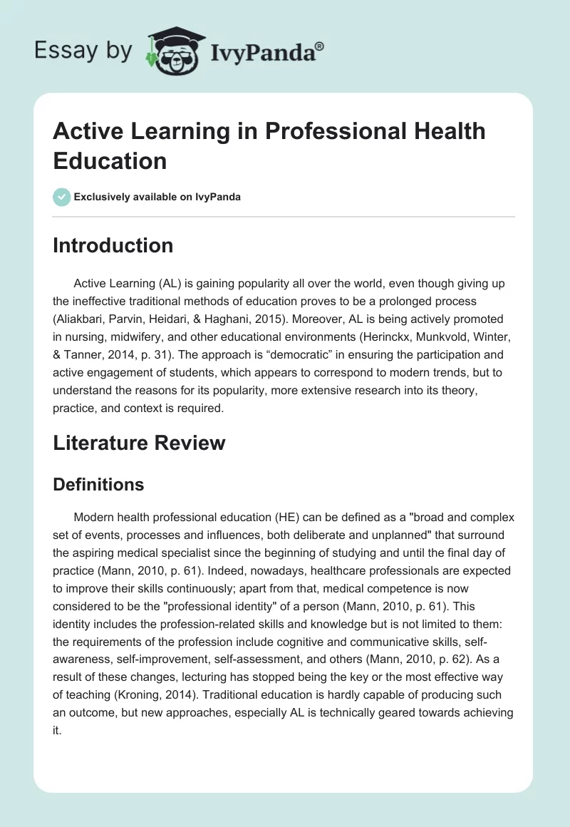 Active Learning in Professional Health Education. Page 1