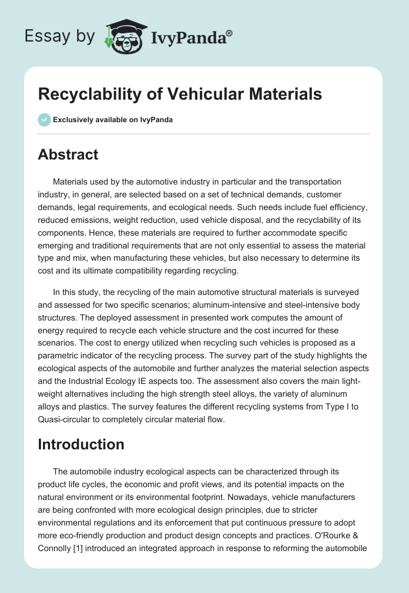 Recyclability of Vehicular Materials. Page 1