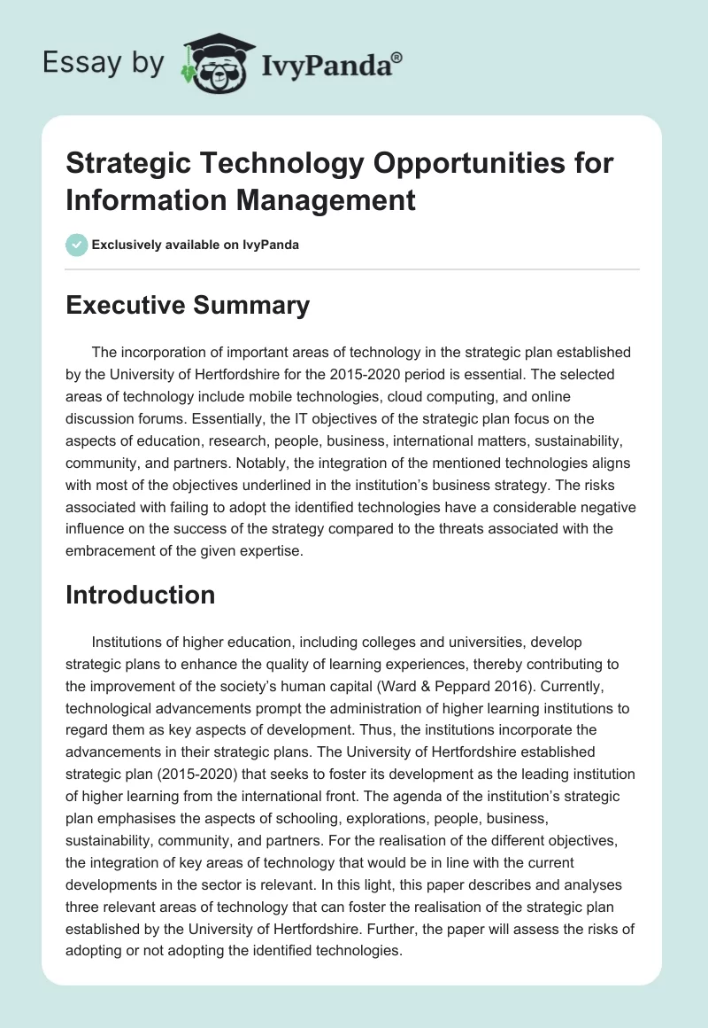 Strategic Technology Opportunities for Information Management. Page 1