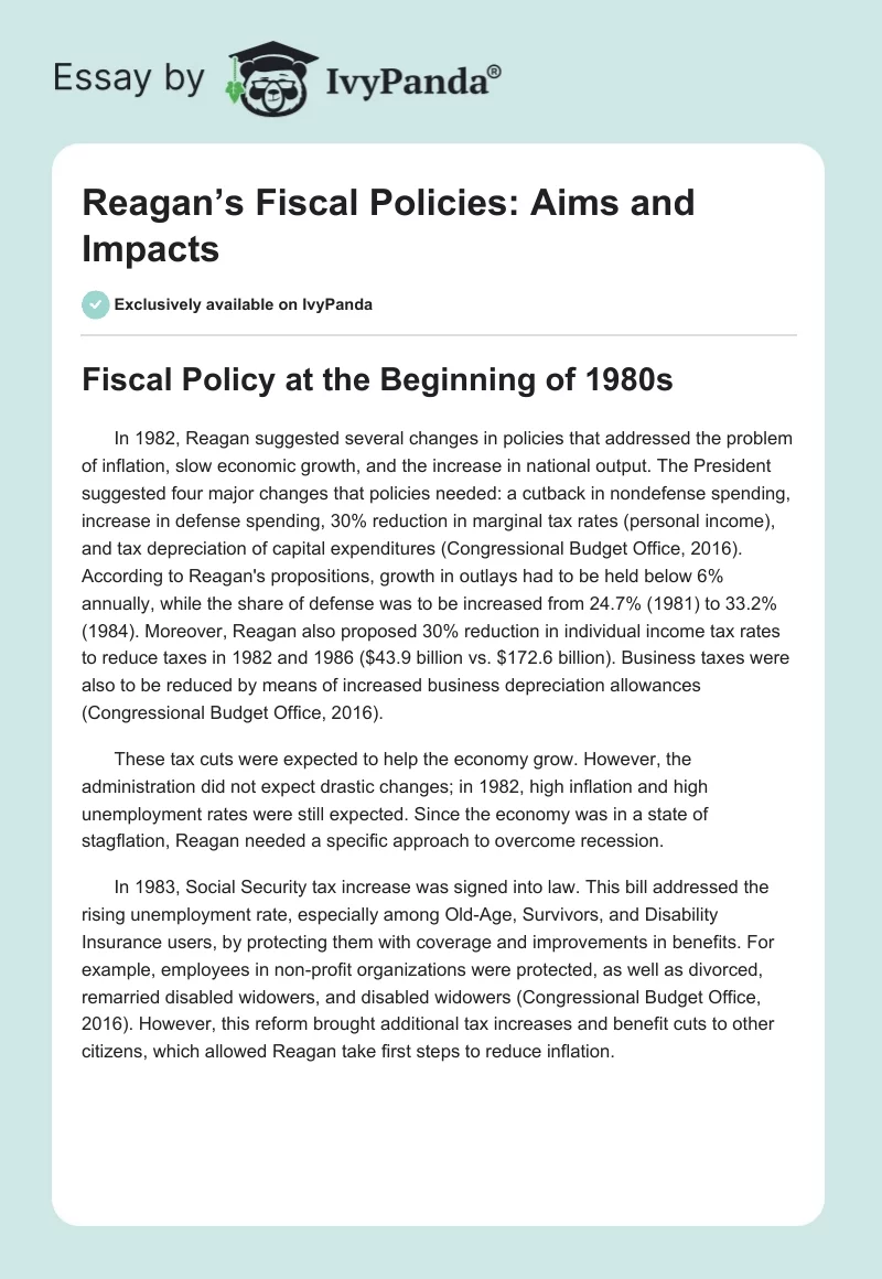 Reagan’s Fiscal Policies: Aims and Impacts. Page 1