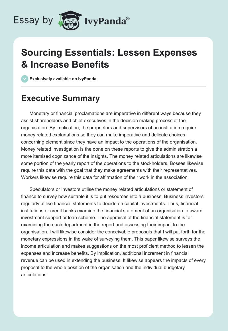 Sourcing Essentials: Lessen Expenses & Increase Benefits. Page 1