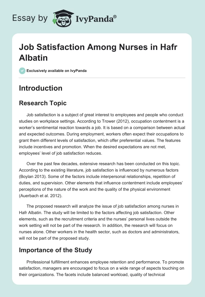 Job Satisfaction Among Nurses in Hafr Albatin. Page 1