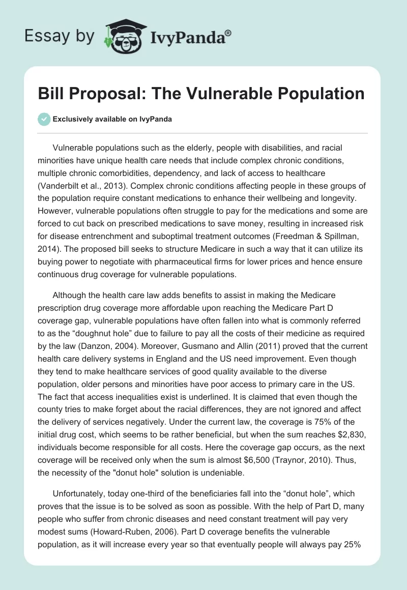 Bill Proposal: The Vulnerable Population. Page 1