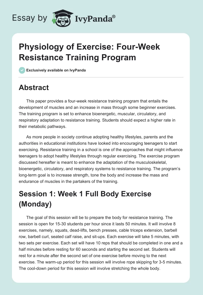 Physiology of Exercise: Four-Week Resistance Training Program. Page 1