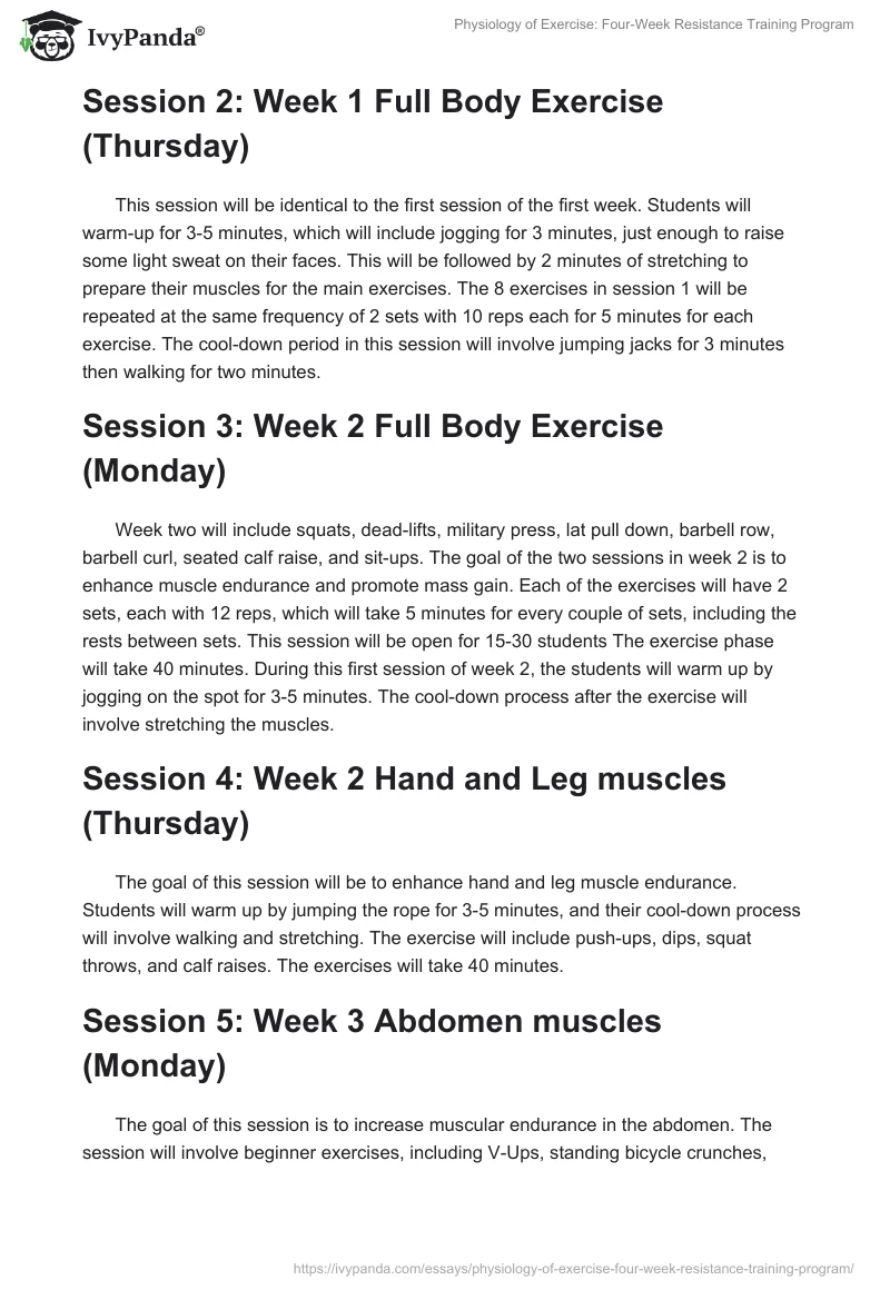Physiology of Exercise: Four-Week Resistance Training Program. Page 2