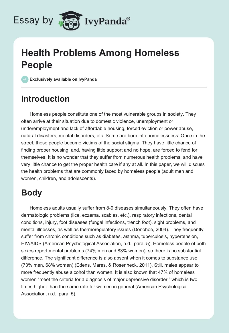 Health Problems Among Homeless People. Page 1