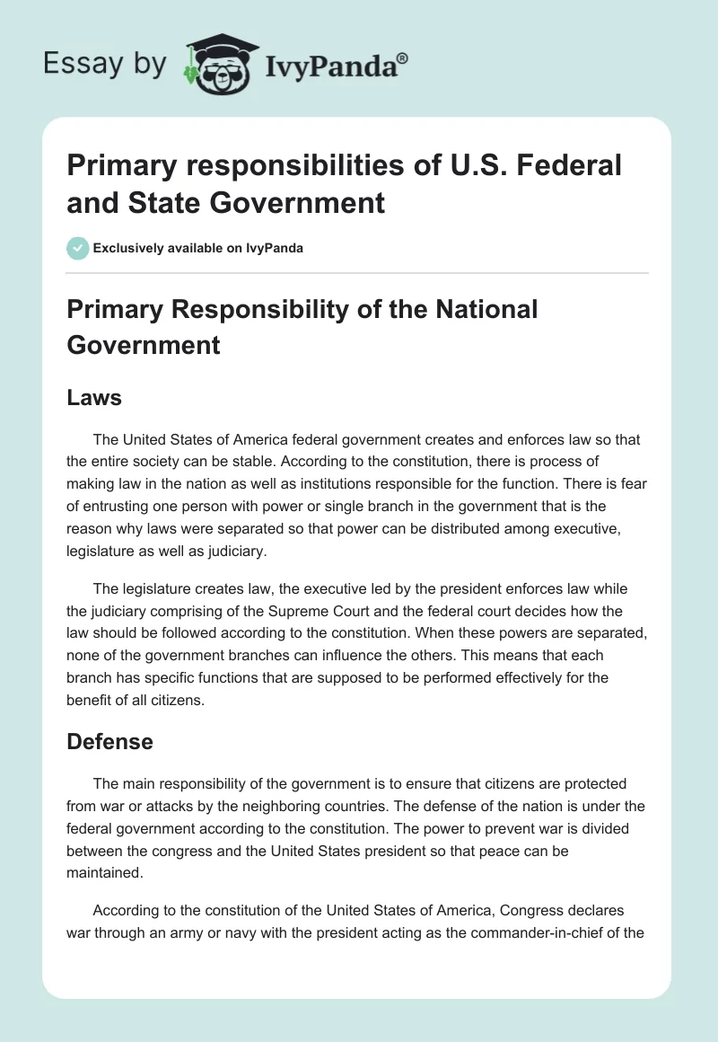 Primary responsibilities of U.S. Federal and State Government. Page 1