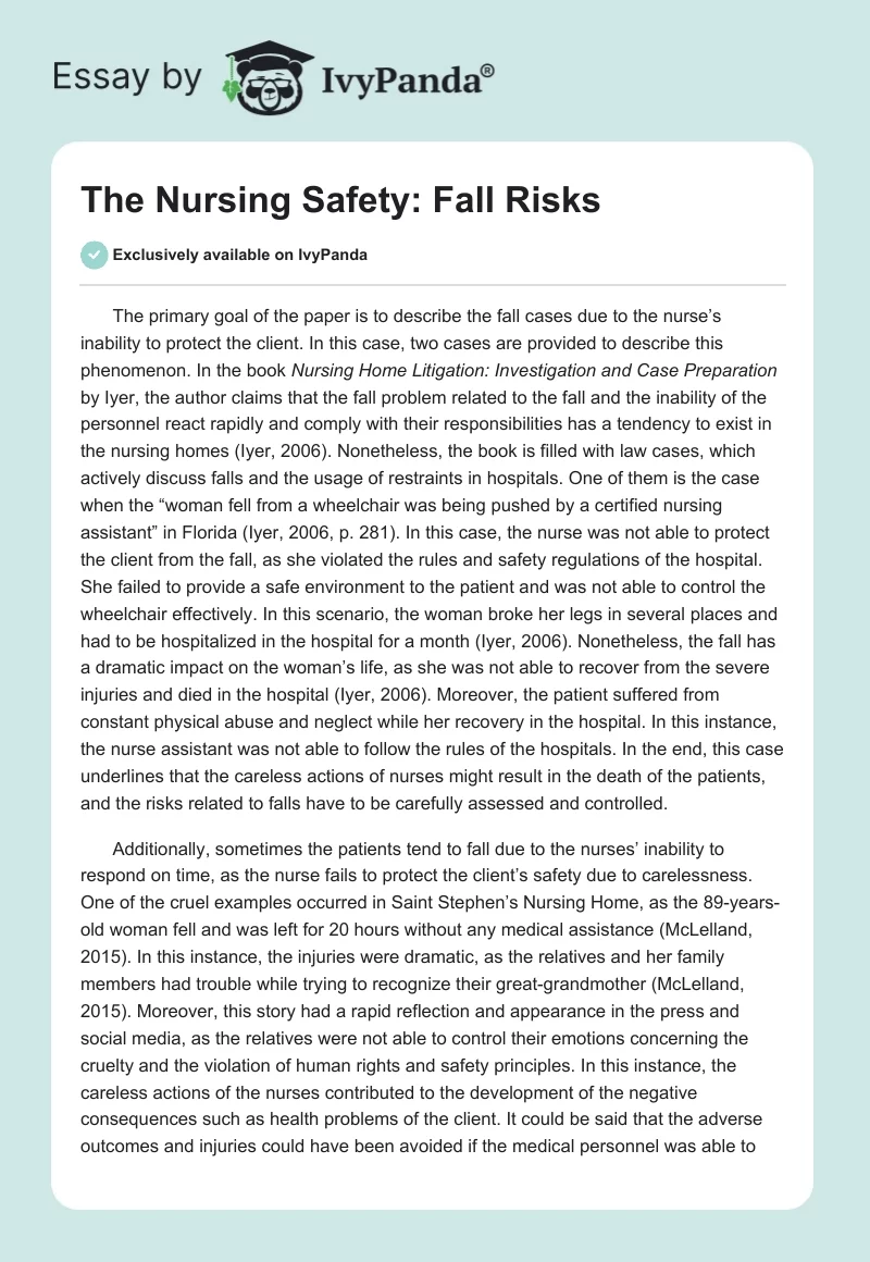 The Nursing Safety: Fall Risks. Page 1