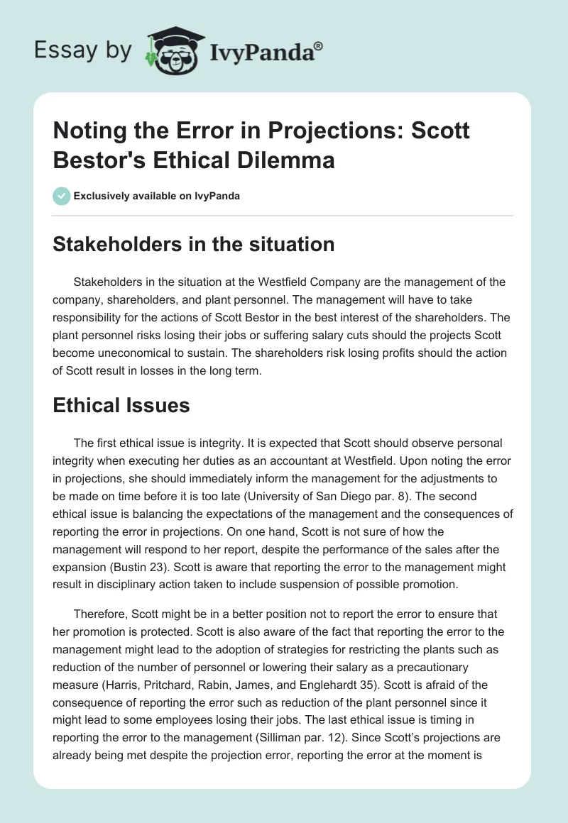Noting the Error in Projections: Scott Bestor's Ethical Dilemma. Page 1