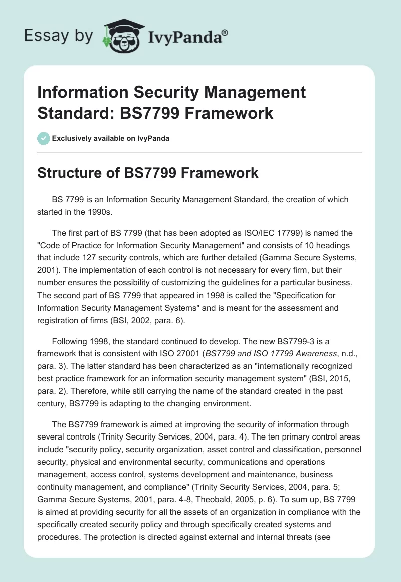 Information Security Management Standard: BS7799 Framework. Page 1