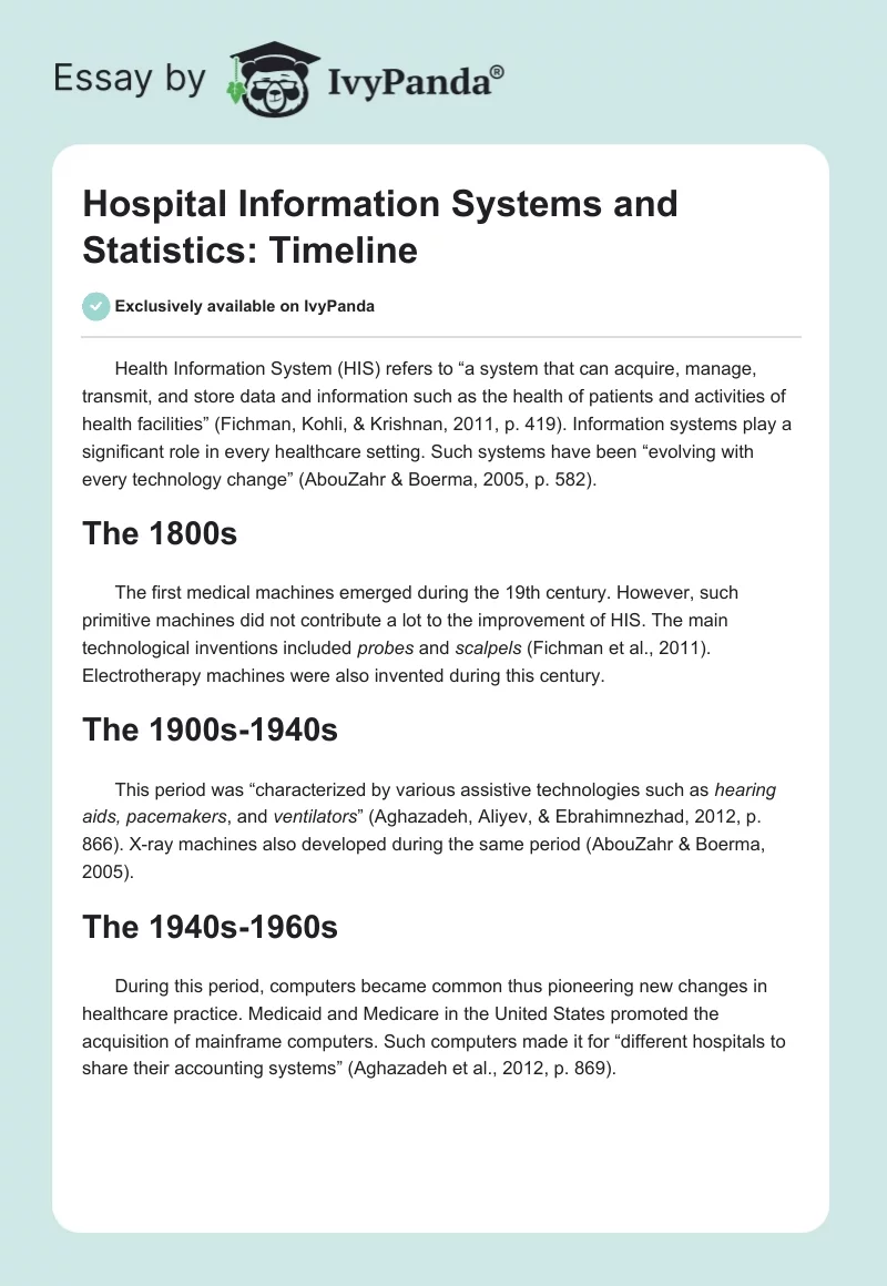 Hospital Information Systems and Statistics: Timeline. Page 1