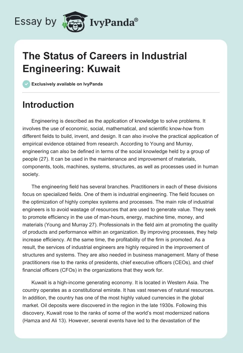 The Status of Careers in Industrial Engineering: Kuwait. Page 1